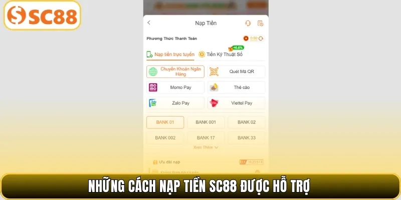 Những cách nạp tiền SC88 được hỗ trợ